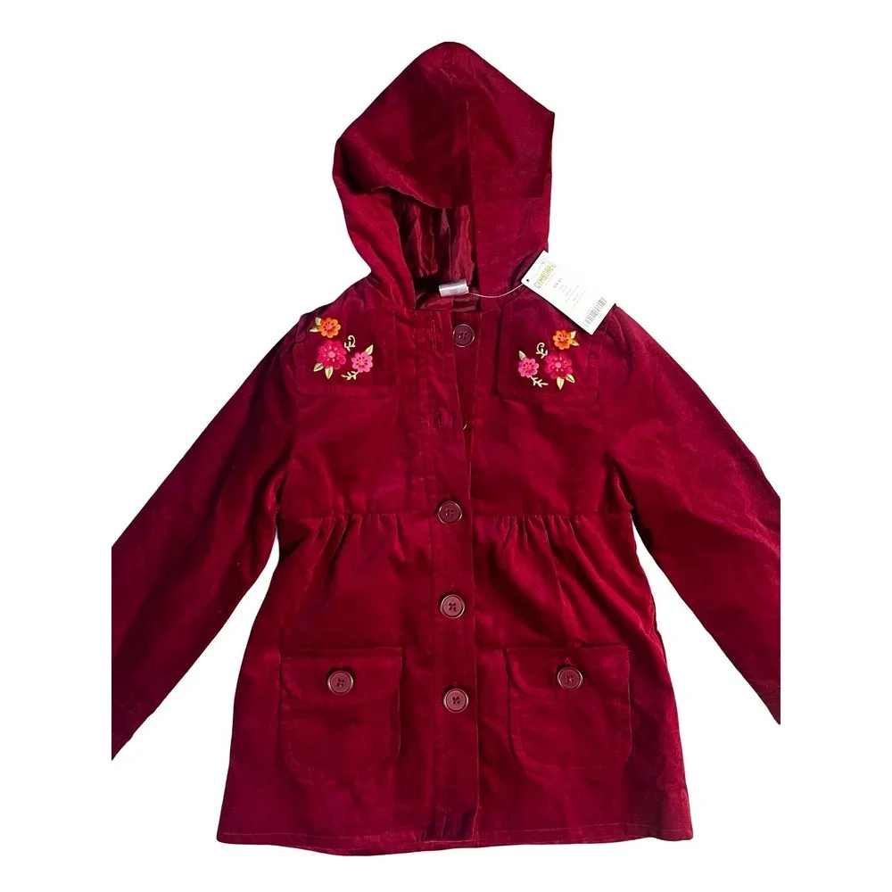 Gymboree Girls Burgundy Red Velvet Hooded Jacket Floral Bow Size S‎ 5-6